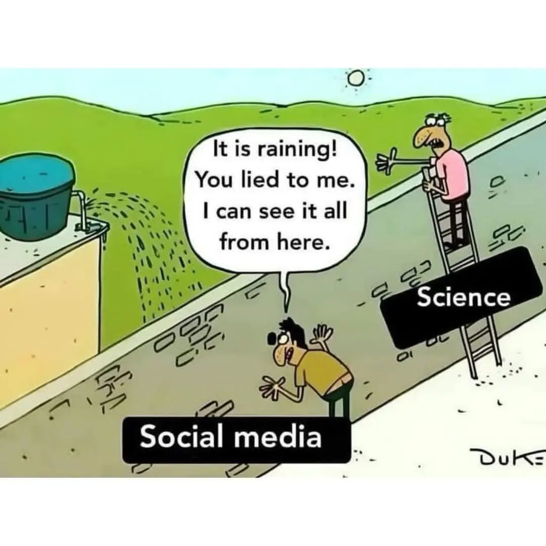 A cartoon depicts a person labeled 'Social media' on a lower ledge looking up in shock at another person labeled 'Science'…