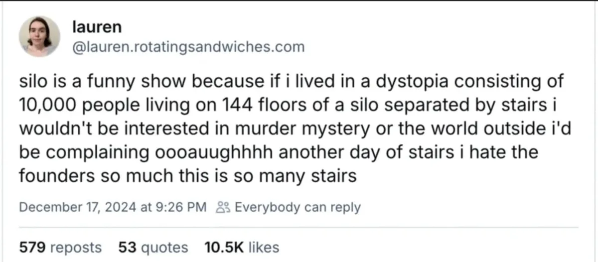 A screenshot of a tweet by user 'lauren' from @lauren.rotatingsandwiches.com, dated December 17, 2024, at 9:26 PM. The tweet…