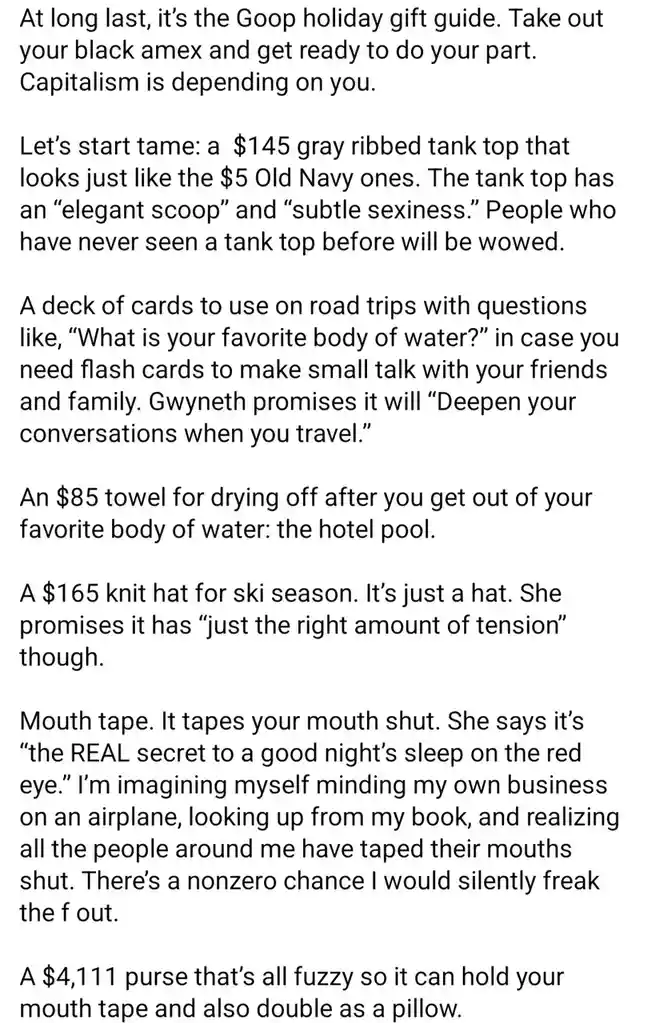 The image displays a text-heavy holiday gift guide from Goop, listing absurdly expensive and impractical items like a $145…