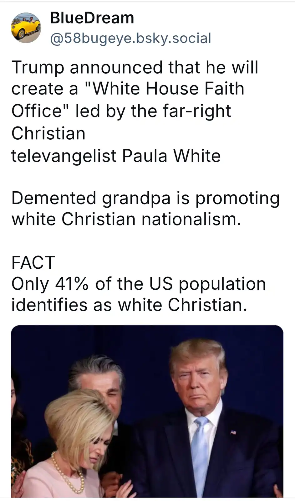 The image shows Donald Trump standing beside Paula White, with other people partially visible behind them. The overlaid text…