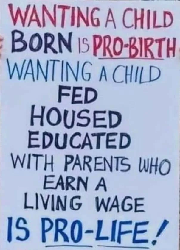 A hand-drawn sign with text in red and blue marker on white paper. The top line reads 'WANTING A CHILD BORN IS PRO-BIRTH'…