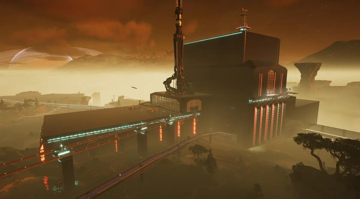 A screenshot from the game 'Starfield' shows a futuristic space station or facility on an alien planet with orange skies and…