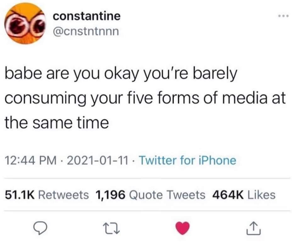 A screenshot of a tweet from user 'constantine' (@cnstntnnn) dated January 11, 2021, showing the text 'babe are you okay…