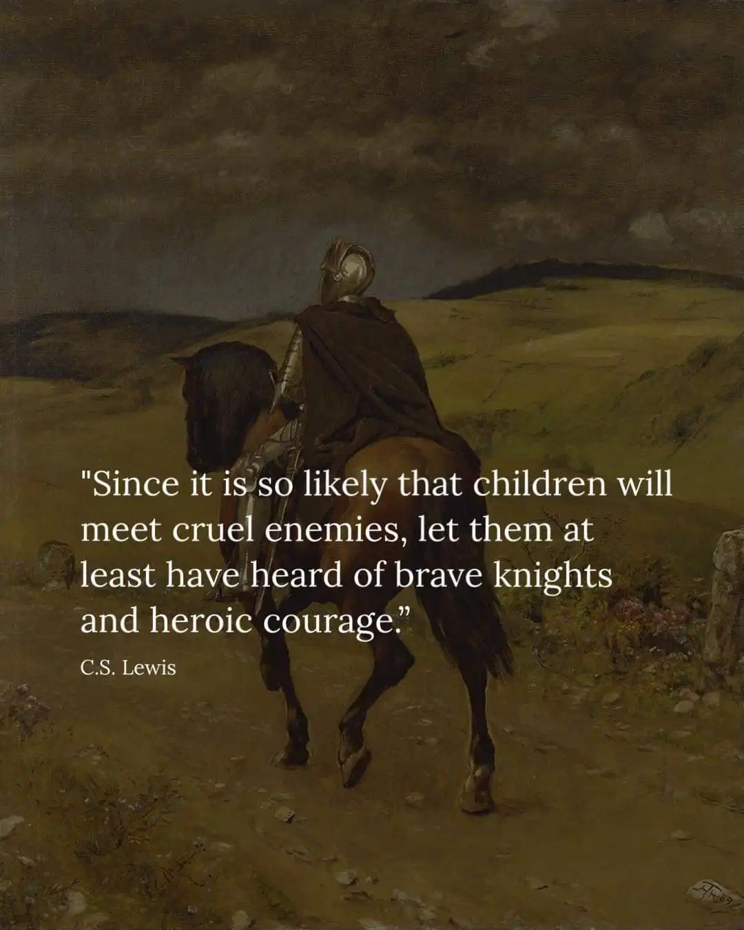 A painting depicts a knight in full armor riding a dark horse across a desolate, rolling landscape under a gloomy sky…