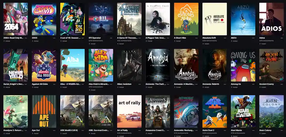 A screenshot of a digital storefront displaying a grid of video game covers, including titles like '2064', 'Among Us'…