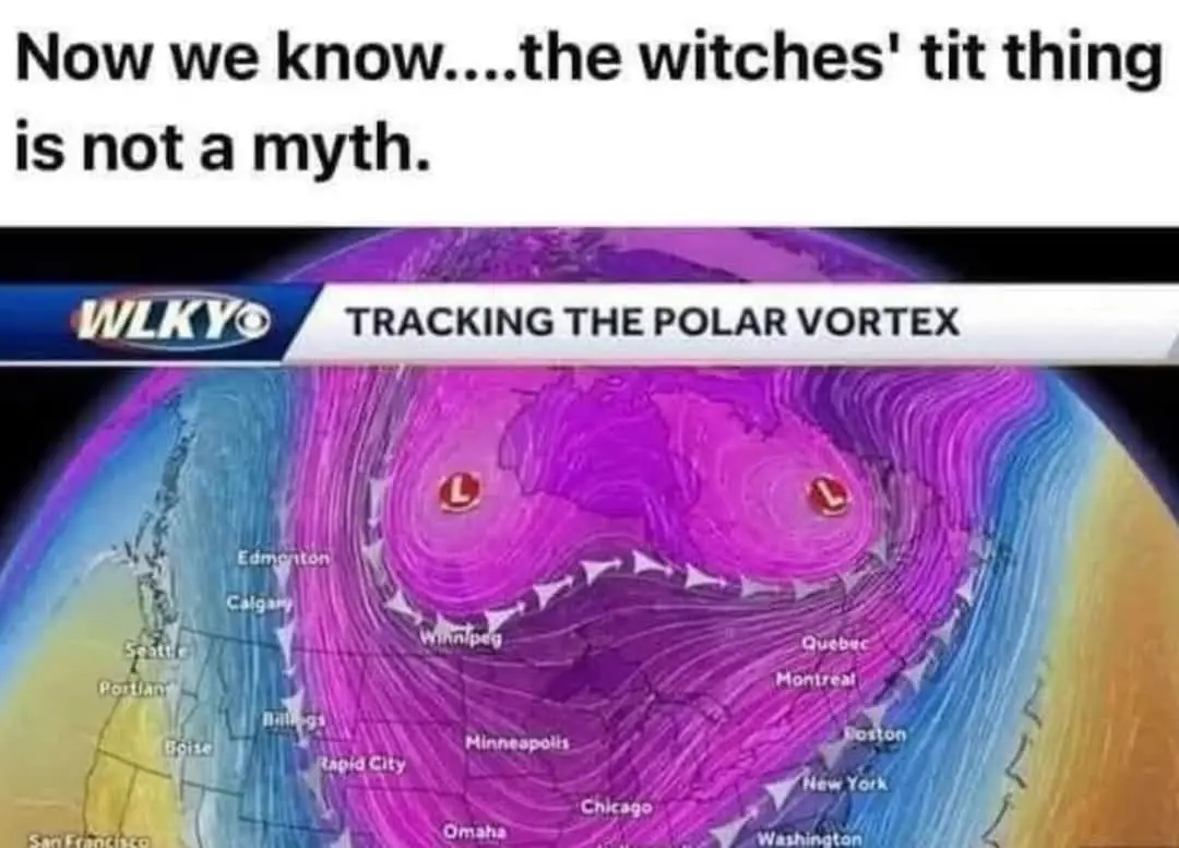 A weather map from WLKY titled 'TRACKING THE POLAR VORTEX' shows swirling purple and blue air masses over North America…