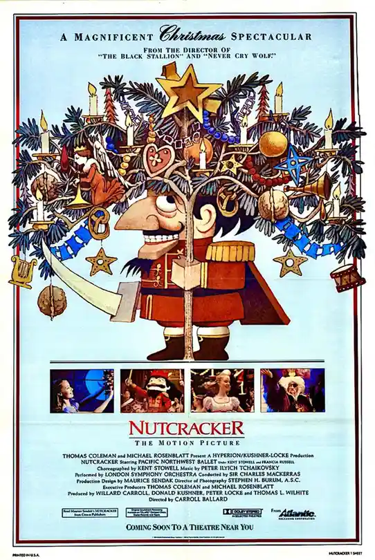 This is a vintage movie poster for the 1993 film 'Nutcracker: The Motion Picture,' featuring a cartoonish, oversized…