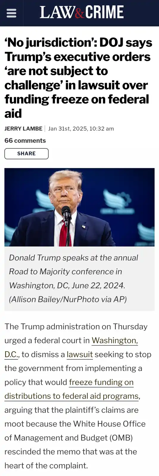 The image is a screenshot of a Law & Crime news article featuring a photo of Donald Trump speaking at a conference. The…