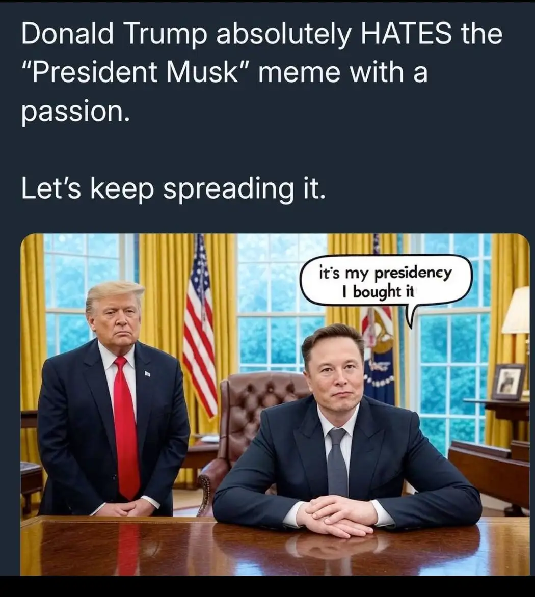 The image shows Donald Trump standing with a stern expression beside Elon Musk, who is seated at a desk in an office…