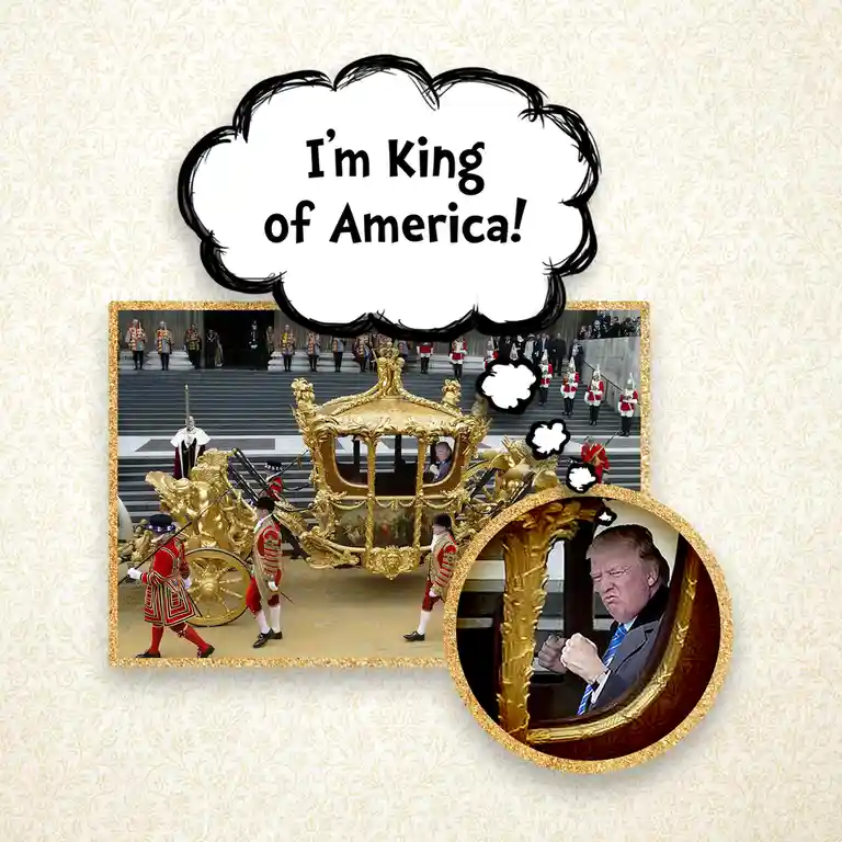 A meme image shows Donald Trump seated inside a golden royal carriage, surrounded by British ceremonial guards in red…