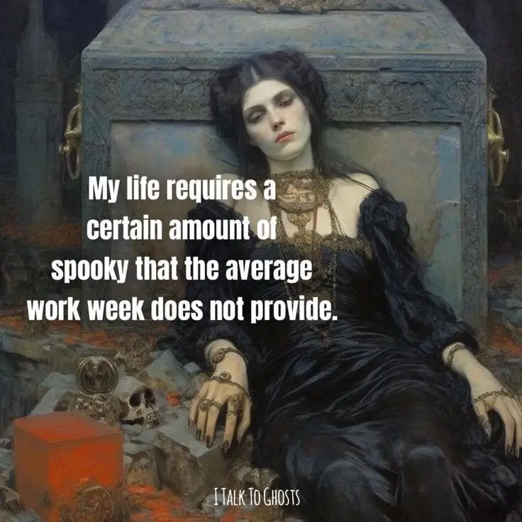A woman in a black dress reclines inside an ornate coffin, surrounded by skulls and gothic decor. White text overlaid reads…