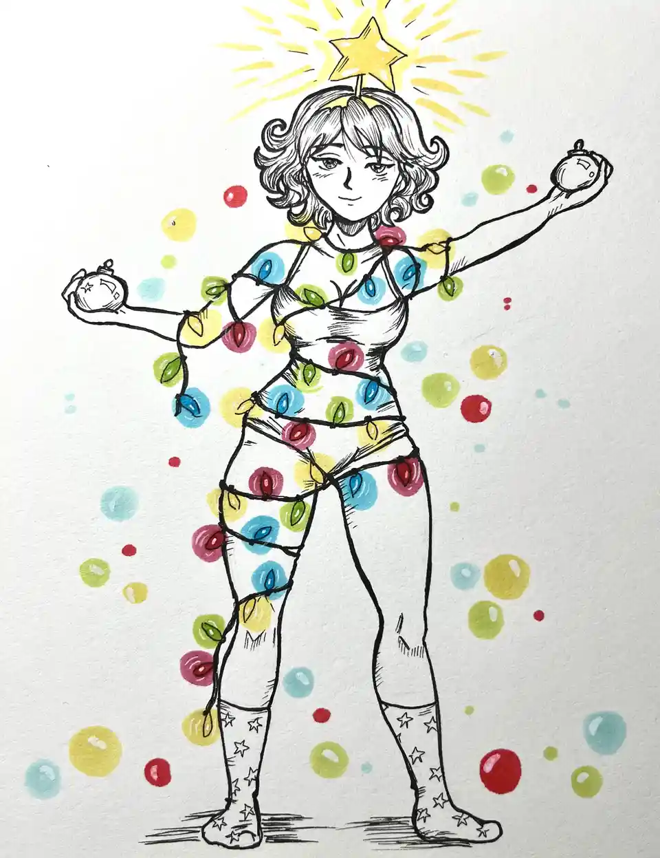 A hand-drawn illustration shows a person with curly hair and a star on their head, wrapped in colorful Christmas lights from…