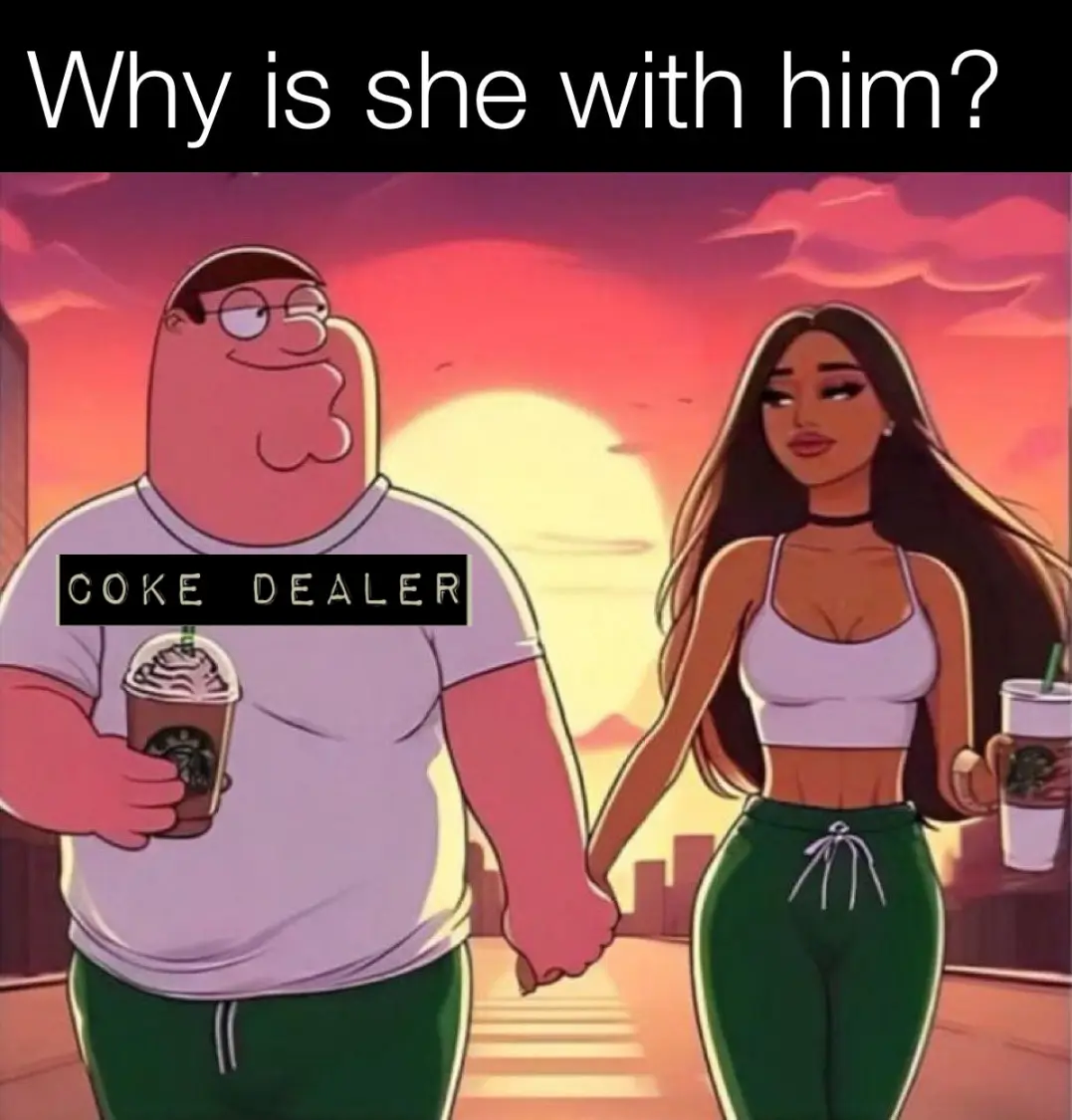 An image of Peter Griffin from Family Guy holding hands with a woman in a sunset setting, both holding Starbucks drinks. A…