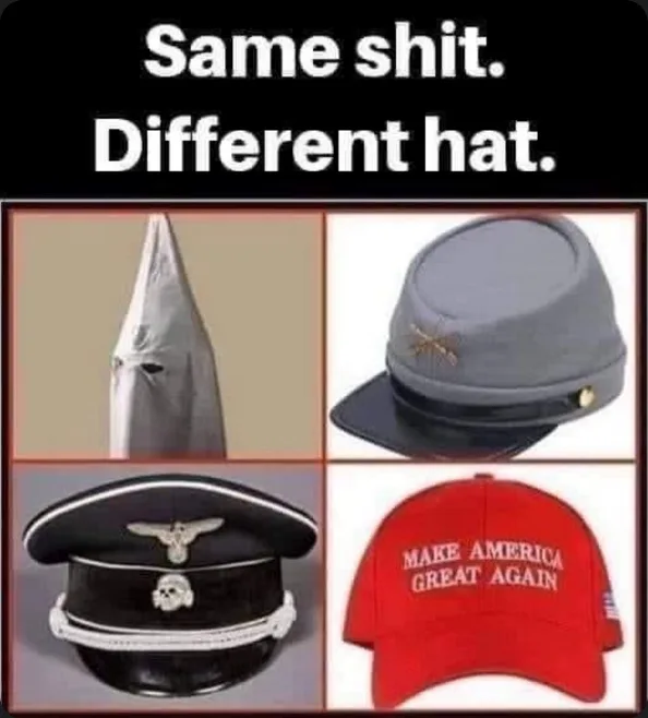 The image displays four different hats arranged in a grid: a Ku Klux Klan hood, a gray Confederate-style kepi, a black Nazi…