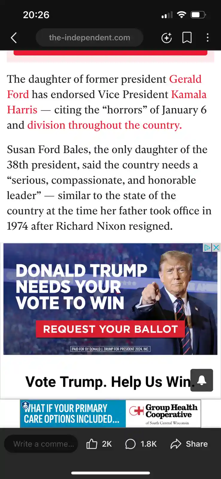 A screenshot of a mobile phone showing a news article from the-independant.com about Susan Ford Bales endorsing Kamala…