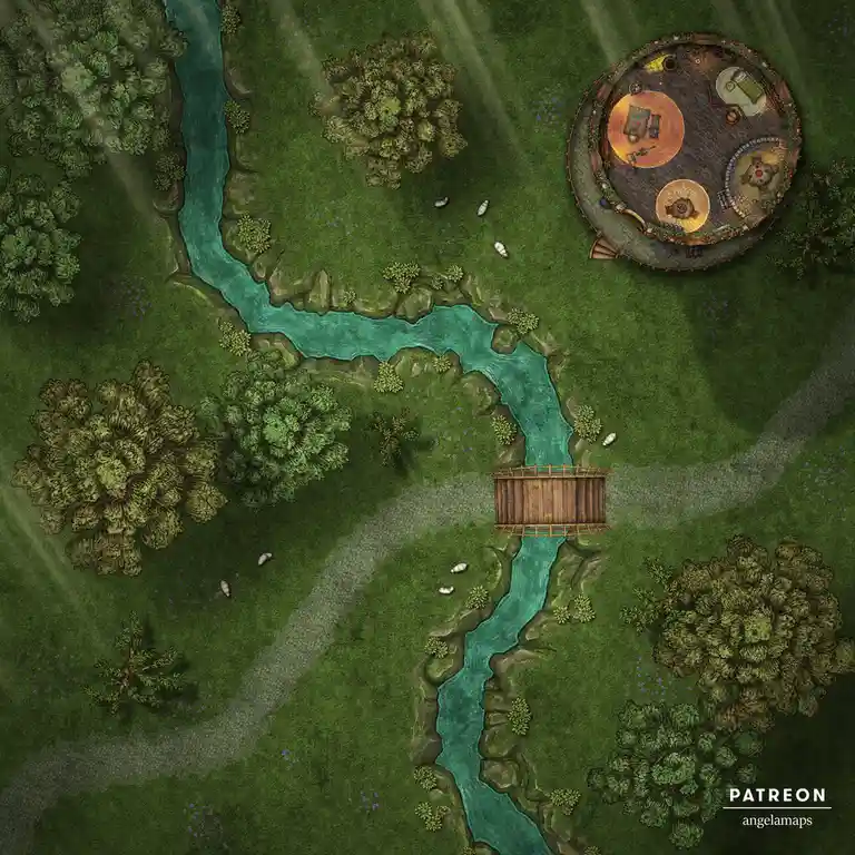 An overhead fantasy map shows a winding river with a simple wooden bridge crossing it, leading to a circular stone building…