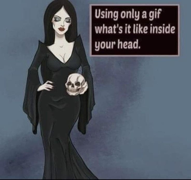 An illustrated woman in a black dress holds a skull in her hand, with a text box beside her reading 'Using only a gif what's…