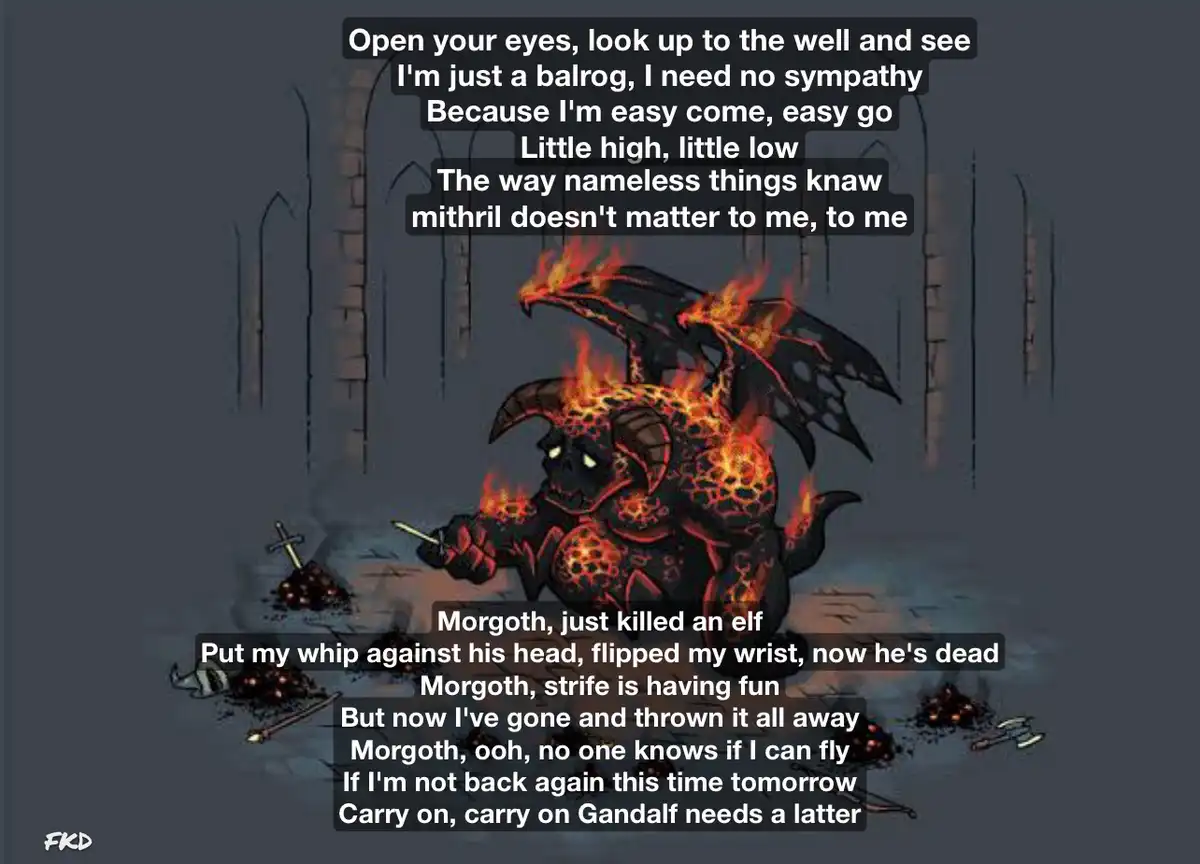 A fiery, demonic balrog stands in a dark, gothic stone chamber, surrounded by fallen weapons and bodies. Overlaid text is a…