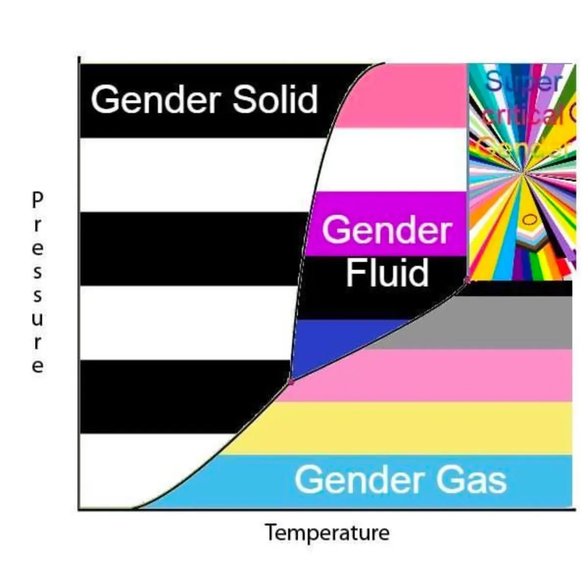 A phase diagram with axes labeled 'Pressure' and 'Temperature' shows regions labeled 'Gender Solid' (black and white…