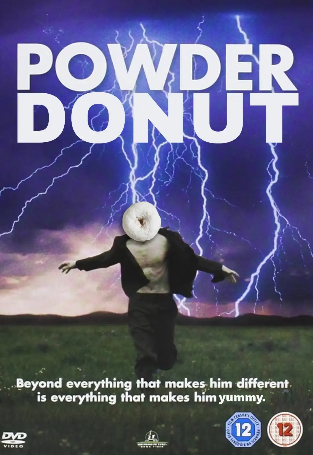 A movie poster parody featuring a man running in a field with a powdered donut for a head, set against a stormy sky with…