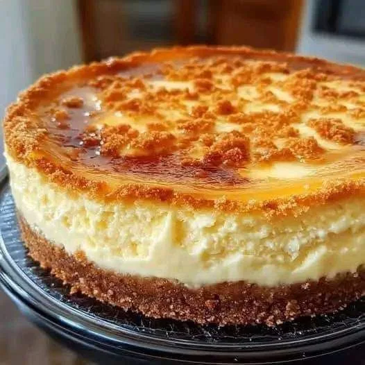 A close-up photo of a round, golden-brown baked dessert with a crumbly crust and a creamy, slightly caramelized top…
