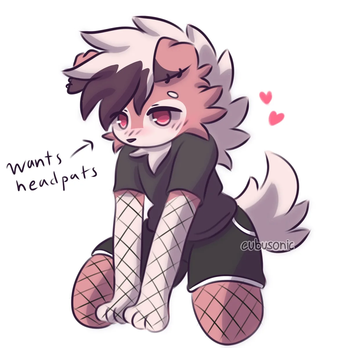 A cute, anthropomorphic fox-like character with white and dark brown fur, wearing a dark shirt and checkered stockings, sits…