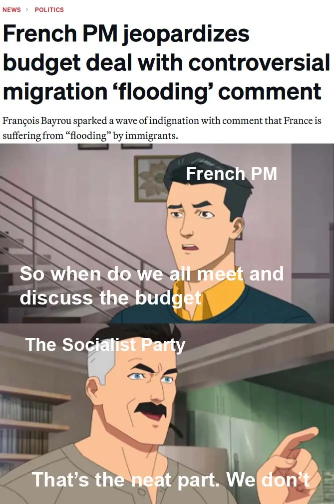 The image is a two-panel meme using animated characters. The top panel shows a man labeled 'French PM' with text asking, 'So…