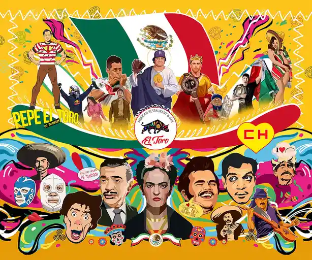 A vibrant, colorful collage featuring numerous Mexican cultural icons, celebrities, and historical figures arranged around a…