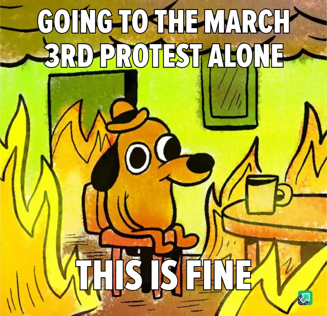 A cartoon dog wearing a hat sits calmly in a room surrounded by flames, with a mug on a table nearby. The text reads 'GOING…