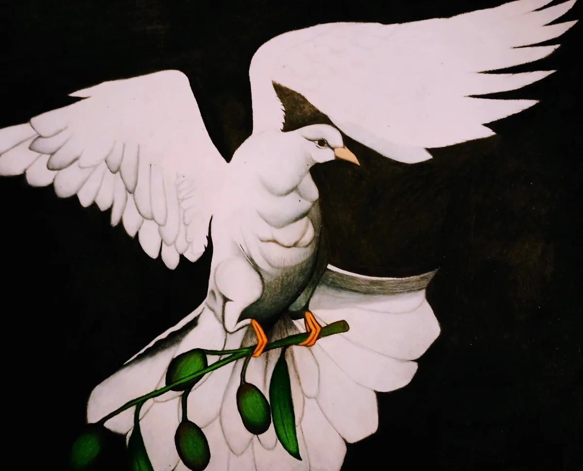 A detailed drawing of a white dove with its wings spread wide against a black background, holding an olive branch in its…