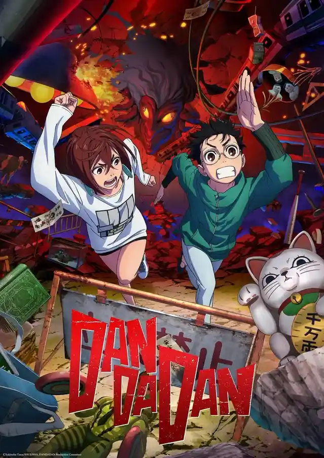 Two anime characters, a girl in a white shirt and a boy in a green hoodie, are running frantically through a chaotic…