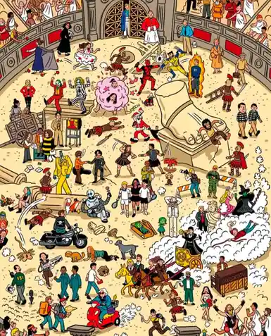 A chaotic, densely packed cartoon illustration depicts a Roman-style coliseum filled with hundreds of characters from…