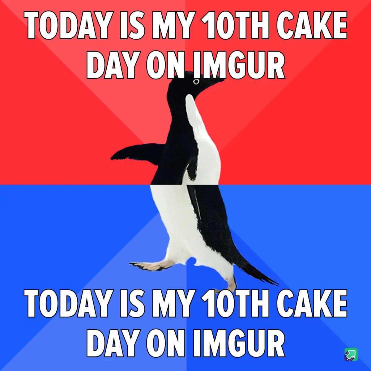 A penguin stands centered against a red and blue background with diagonal light rays. The same white bold text, 'TODAY IS MY…