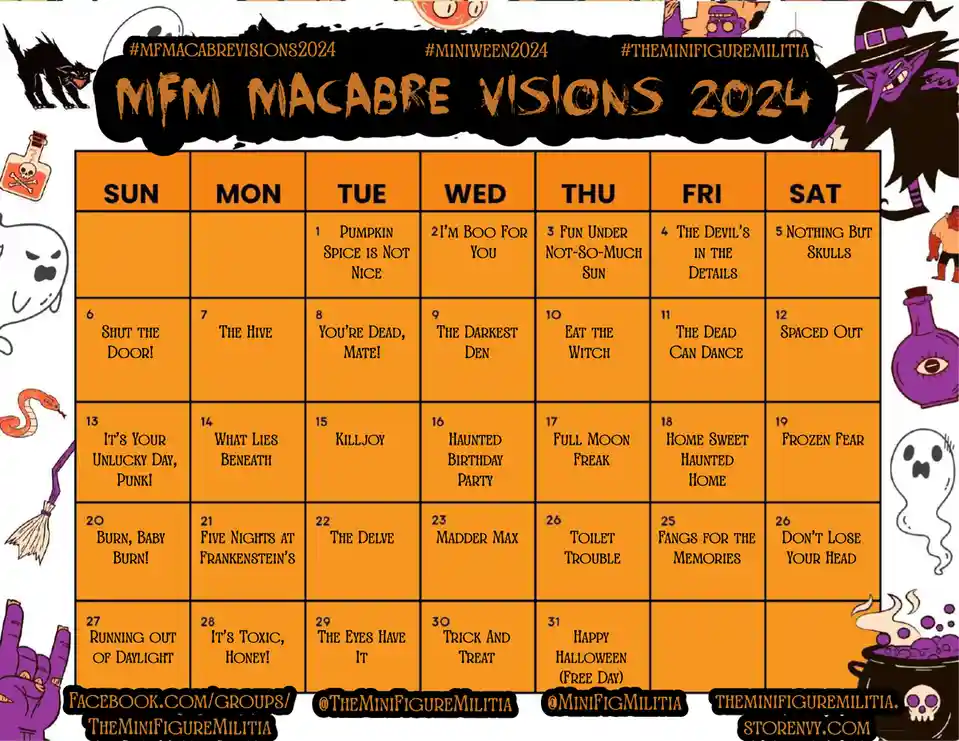 An orange Halloween-themed calendar for October 2024, titled 'MFM MACABRE VISIONS 2024', with each date featuring a spooky…