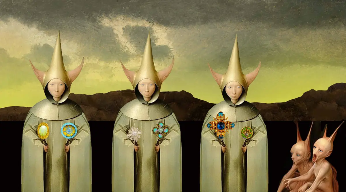 Three identical figures in pointed golden hoods and robes stand in a row, each holding two ornate, jewel-encrusted objects…