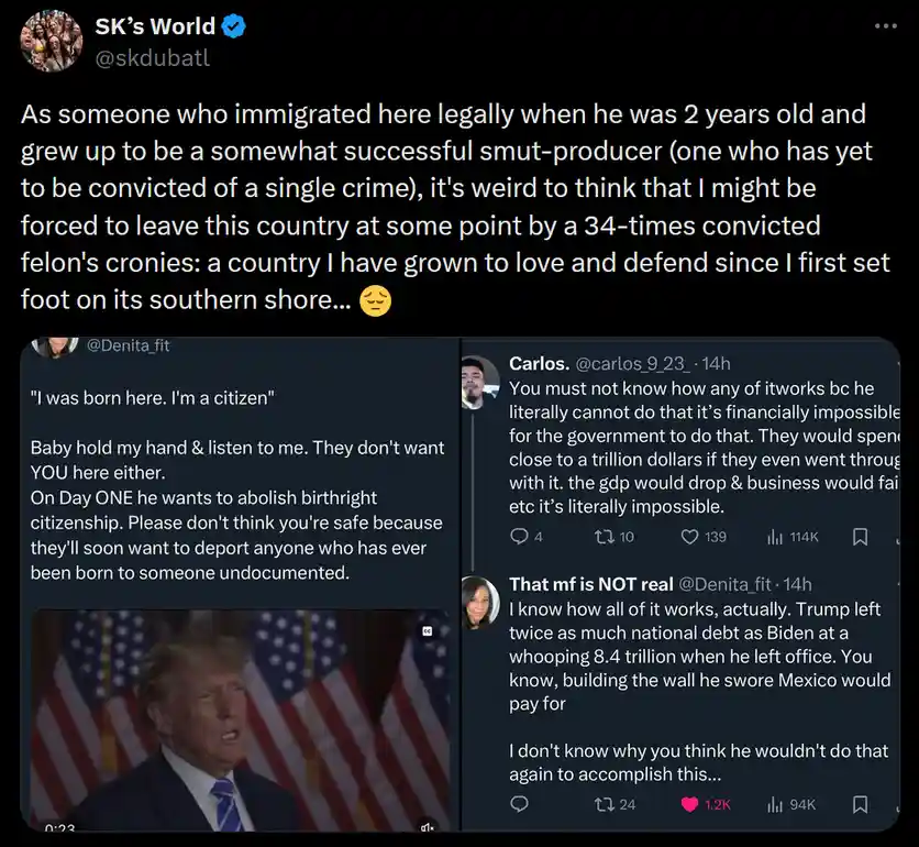 A screenshot of a Twitter thread where a user named SK's World expresses concern about being deported by Trump's supporters…