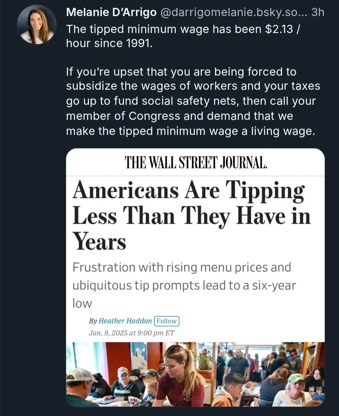 A screenshot of a tweet by Melanie D'Arrigo showing a Wall Street Journal article headline about Americans tipping less than…