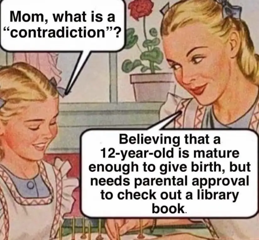 A vintage-style illustration shows a young girl asking her mother a question, with the mother's response defining a…