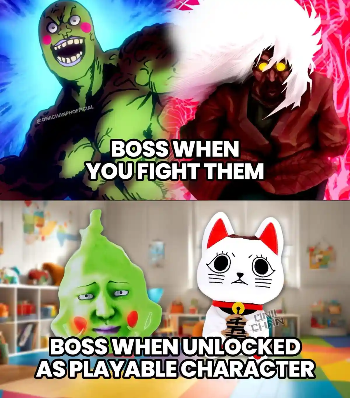 The top panel shows two menacing anime-style bosses, one green and one with white hair and glowing eyes, with text saying…