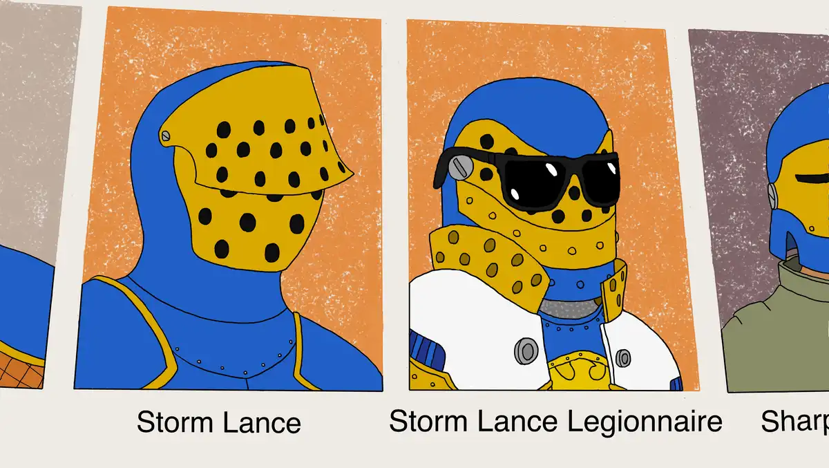 The image displays three illustrated character portraits side-by-side, each with a distinct helmet and armor style. The…