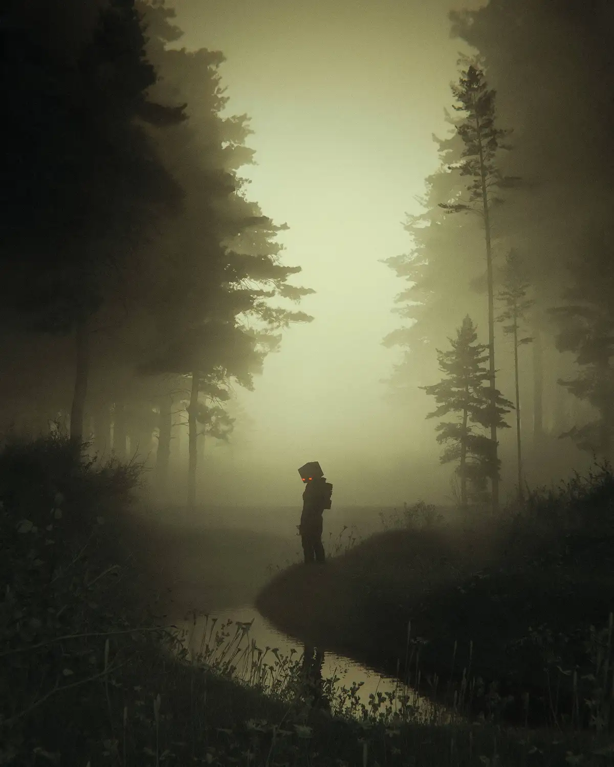 A person stands alone in a misty, eerie forest beside a small stream, their head replaced by a glowing red-eyed box. The…