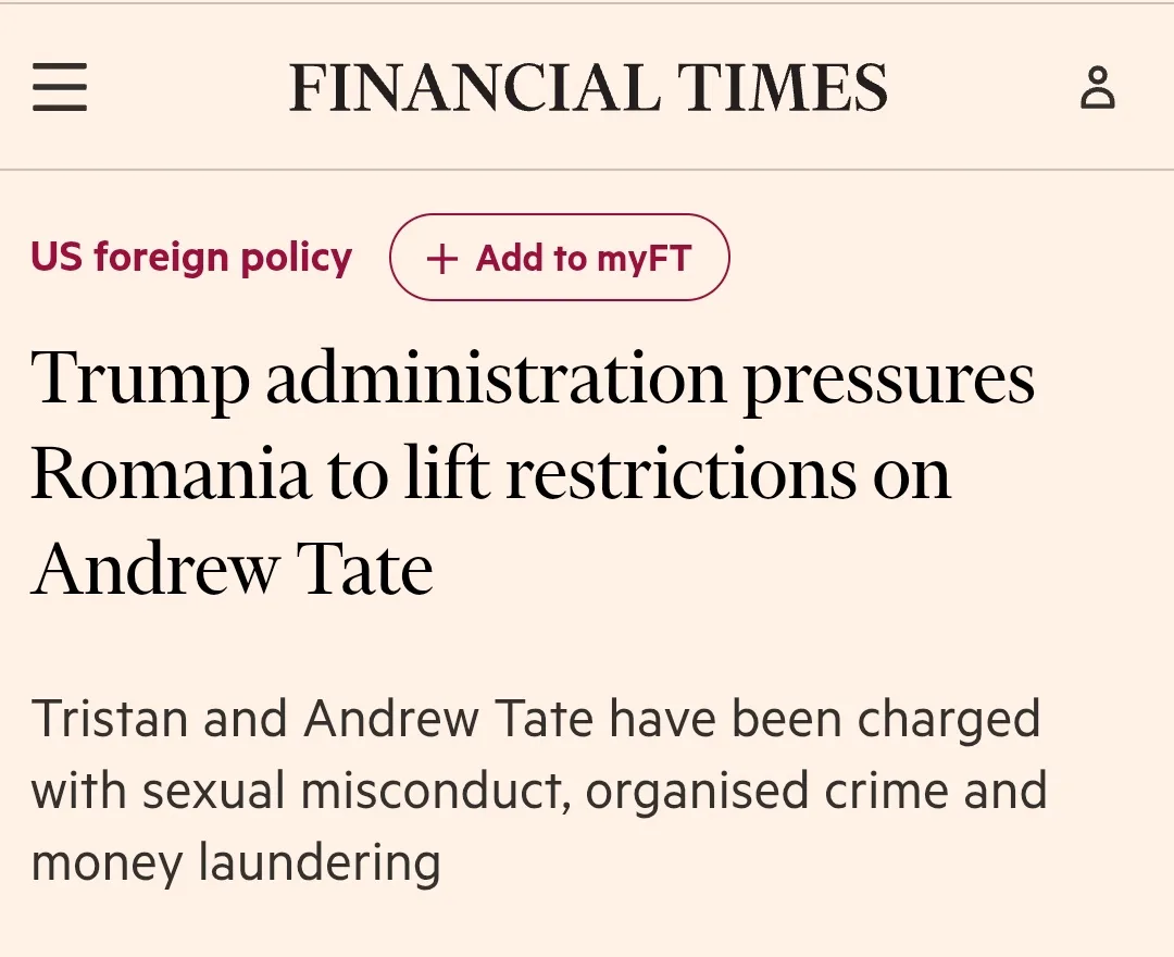 A screenshot of a Financial Times article header with the headline 'Trump administration pressures Romania to lift…