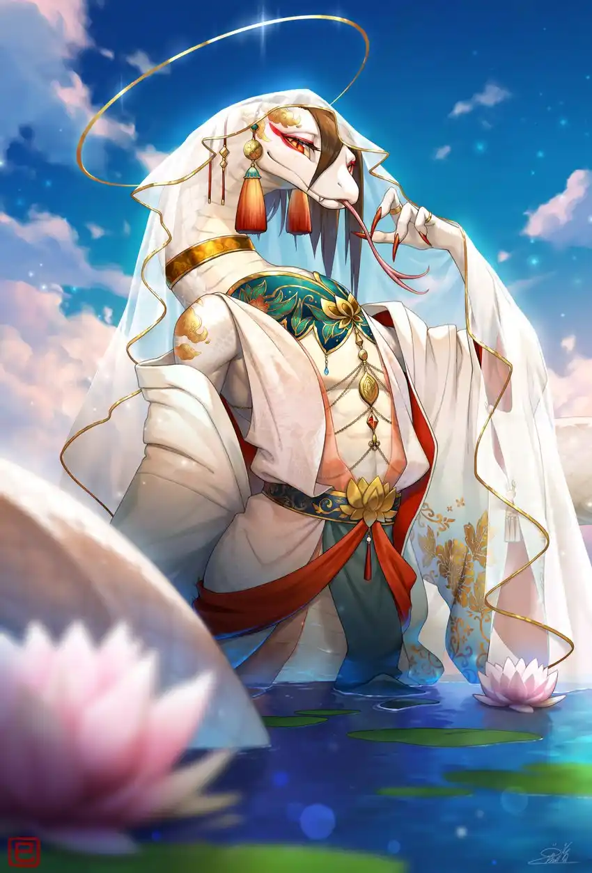 An anime-style snake-like demon with red eyes and a long tongue, dressed in ornate white and gold robes with a bridal veil…