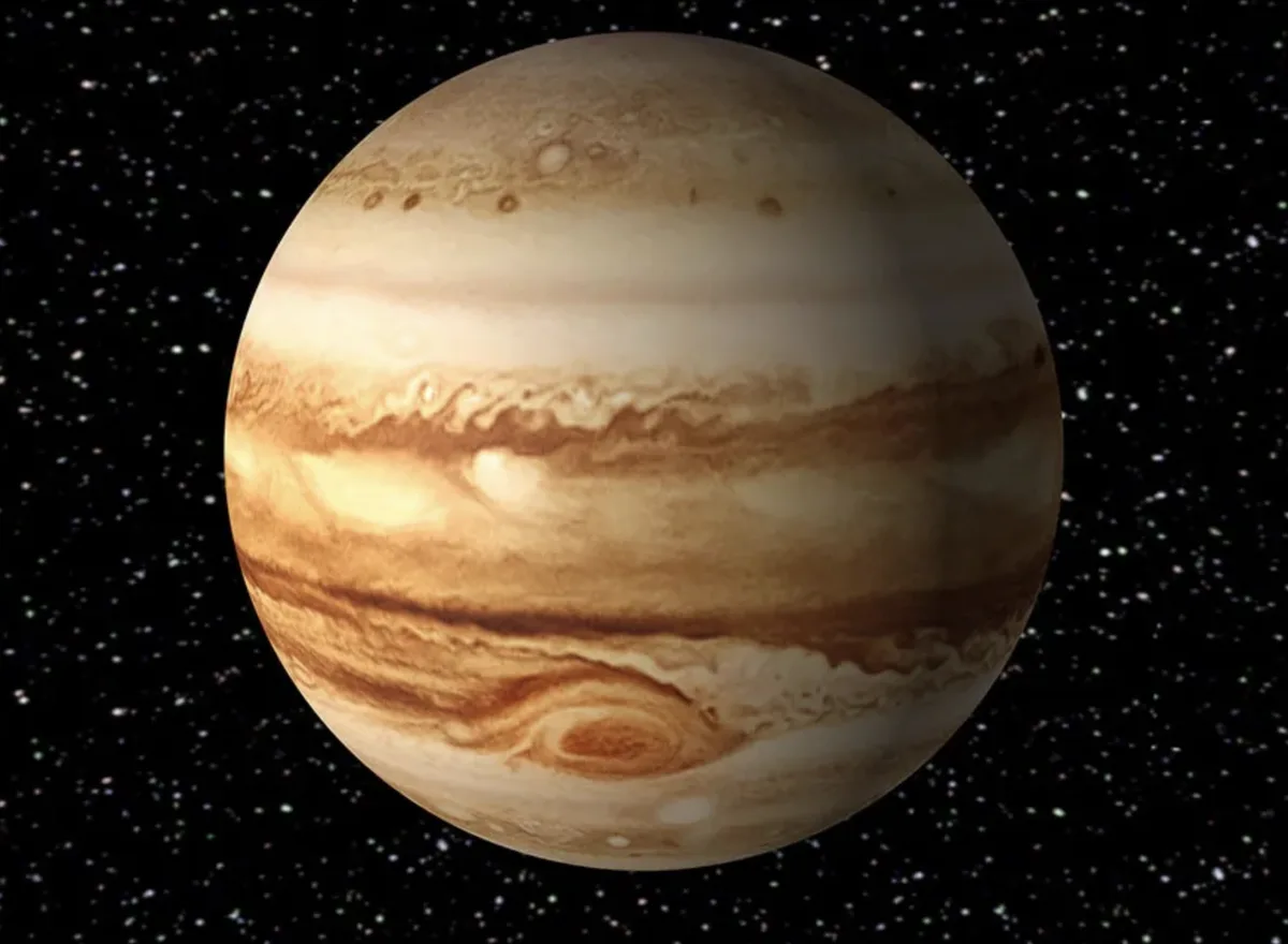 A realistic image of the planet Jupiter, showing its swirling brown and white cloud bands and the Great Red Spot against a…