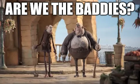 Two animated characters from the movie 'Madagascar' stand in a sunny courtyard, one tall and rotund with a cane, the other…
