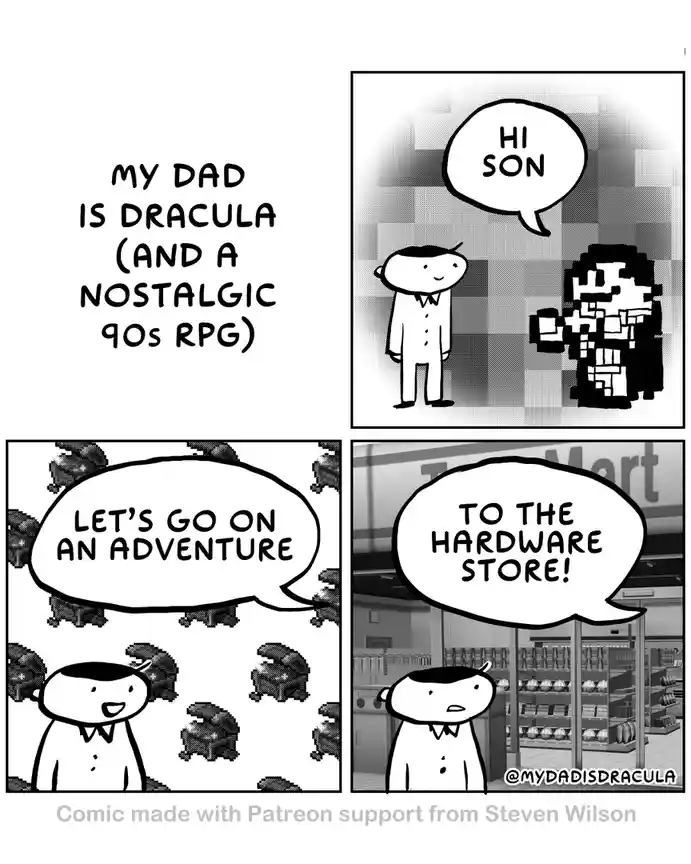 A four-panel comic titled 'MY DAD IS DRACULA (AND A NOSTALGIC 90S RPG)' shows a son encountering his dad, who is depicted as…