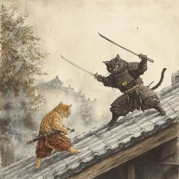 Two cats dressed in samurai armor stand on a tiled roof, facing each other with swords drawn. The black cat on the right is…