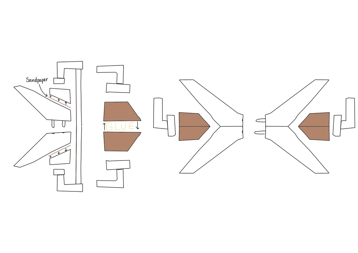 A hand-drawn diagram shows a step-by-step process: first, sandpaper is used to roughen surfaces of two angled parts; then…