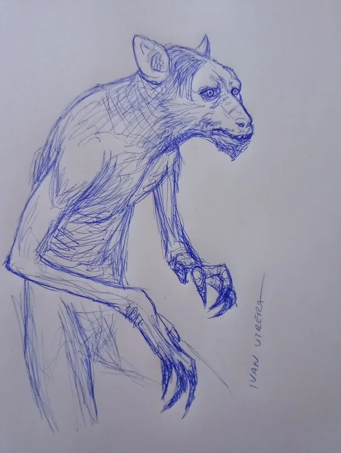 A blue ink sketch of a bipedal, anthropomorphic hyena-like creature with sharp claws and a menacing expression, drawn on…