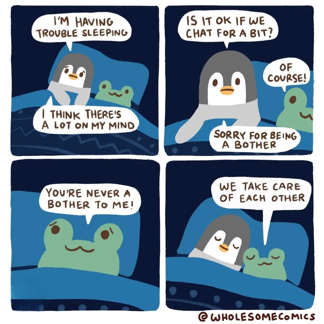 A four-panel comic shows a penguin and a green frog in bed at night. The penguin says they're having trouble sleeping and…
